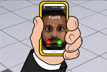 a cartoon of a man holding a cell phone that says kashi