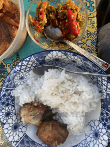 a plate of rice and meat with a spoon and fork