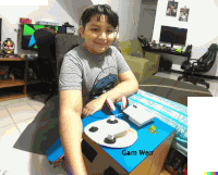 a young boy wearing headphones sits in a room with the name gam wen on the bottom