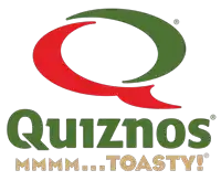 a green and red logo for quiznos which says mmmm toasty