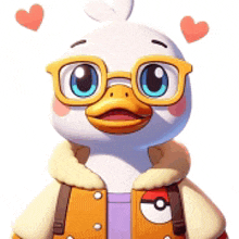 a cartoon duck wearing glasses and a jacket with a pokeball on it .