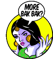 a cartoon of a woman with purple hair and a speech bubble that says more bak bak