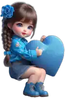 a little girl in a blue shirt is holding a blue heart pillow