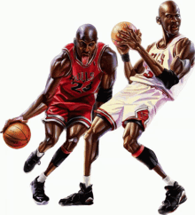 a painting of two basketball players one of whom has the number 23 on his jersey