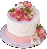 a white cake with pink and white flowers sits on a plate that says ' pricola ferreira confeitaria ' on it