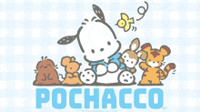 a group of cartoon characters are standing next to each other and the word pochacco is on the bottom