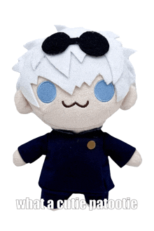 a stuffed animal with white hair and blue eyes says what a cutie patootie on the bottom