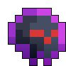 a pixel art of a skull with a red eye