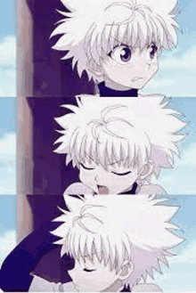 killua from hunter x hunter is a very cute anime character with white hair and blue eyes .