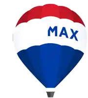 a red white and blue hot air balloon has the word max on it