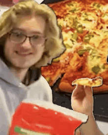 a man with glasses is holding a slice of pizza in front of a pizza pan .