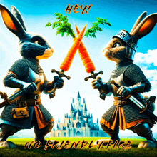 two rabbits in armor holding carrots and swords in front of a castle with the words hey no friendly fire below them