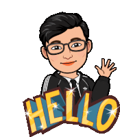 a cartoon of a man wearing glasses and a black jacket that says hello