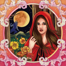 a painting of a woman in a red hood with a wolf in the background