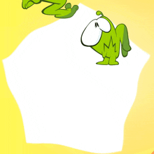 three green cartoon characters with different expressions on a yellow and white background