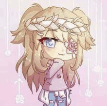 a chibi girl with long blonde hair and a flower crown on her head is standing on a pink background .