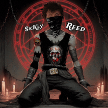 a man with a bandana on his face is kneeling in front of a pentagram and the name reed is on the bottom