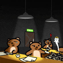 a group of teddy bears are sitting at a table in front of an exit sign