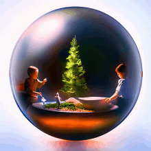 two children are playing in a glass ball with a christmas tree in it