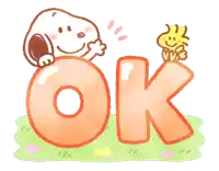 a cartoon illustration of snoopy and woodstock sitting on an ok sign