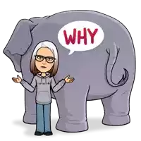 a cartoon of a woman standing next to an elephant with a speech bubble saying why