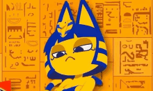 a cartoon cat with a blue hat is standing in front of a yellow background .