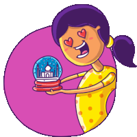 a girl is holding a snow globe in her hands