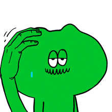 a cartoon of a green frog with a hand on its head