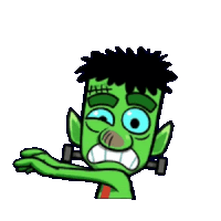 a cartoon of a green monster with black hair and blue eyes .