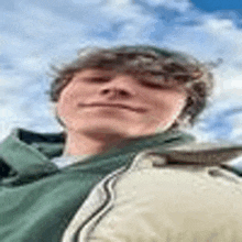 a young man with curly hair is taking a selfie in front of a blue sky with clouds .