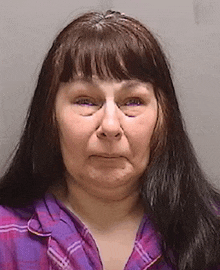 a woman with long hair and bangs is wearing a purple plaid shirt and looking at the camera .