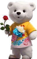 a white teddy bear wearing a yellow shirt and a pink dress holds a red rose