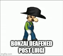 a cartoon character with a black hat on his head and the words bonzai deafened post luigi