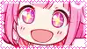 a close up of a pink anime girl 's face with pink hair and a yellow star in her eyes .