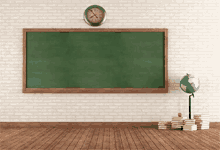 an empty classroom with a green chalkboard , a clock , a globe , and stacks of books .