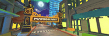 a video game scene with a sign that says mariokart on it