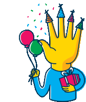 a cartoon drawing of a hand holding balloons and a gift box