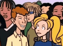 a group of cartoon characters are posing for a picture including a boy and a girl