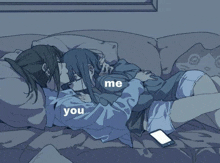 a couple of anime girls laying on a couch with the words me and you visible