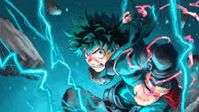 deku from my hero academia is surrounded by lightning bolts .