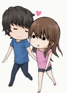 a cartoon of a boy and a girl holding hands with a heart above them