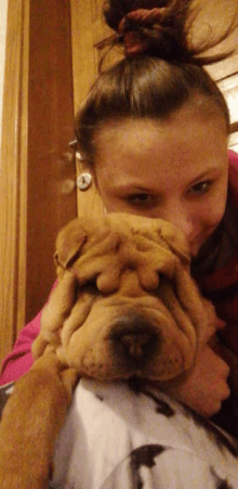 a girl in a pink shirt holds a brown dog