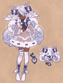 a drawing of a girl with white hair and a sheep with hearts on its tail