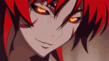 a close up of a person with red hair and yellow eyes .