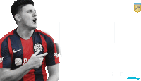 a soccer player wearing a red black and blue jersey with the letters csla on the front