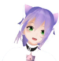 a girl with purple hair and green eyes is wearing a choker with a letter g on it