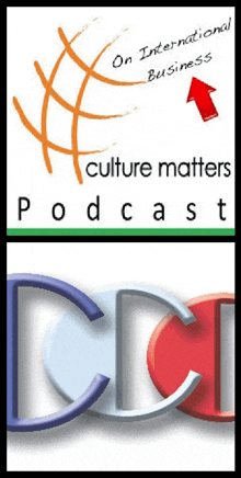 a logo for culture matters podcast with a red arrow pointing up