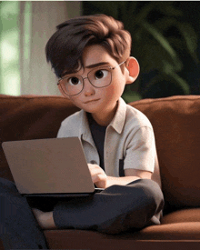 a boy wearing glasses sits on a couch with a laptop