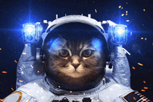 a cat wearing an astronaut 's helmet with a pair of flashlights on it