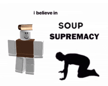 a cartoon character with a book on his head and the words " i believe in soup supremacy " on the bottom